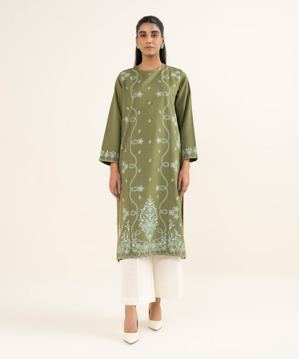 Women's RTW Cotton Embroidered Green A-Line Shirt