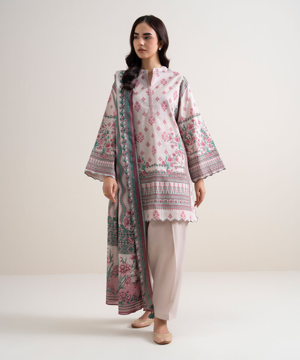 Women's Unstitched Lawn Printed Pink 3 Piece Suit