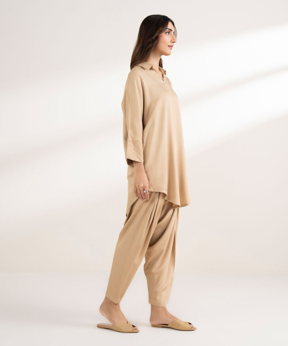 Women's RTW Bedford Solid Drop Shoulder Beige Shirt