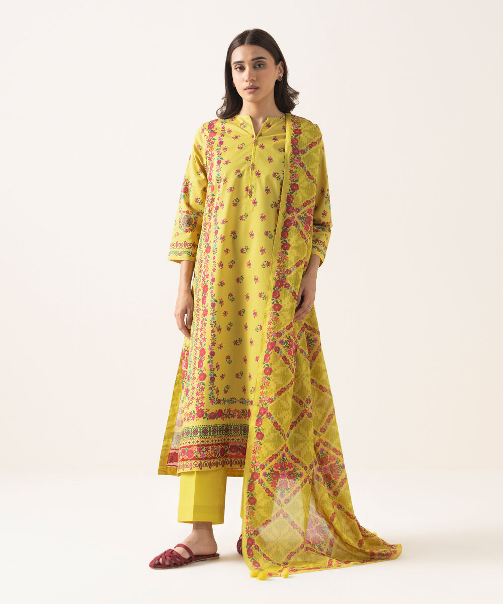 Women's Unstitched Lawn Printed Yellow 3 Piece Suit