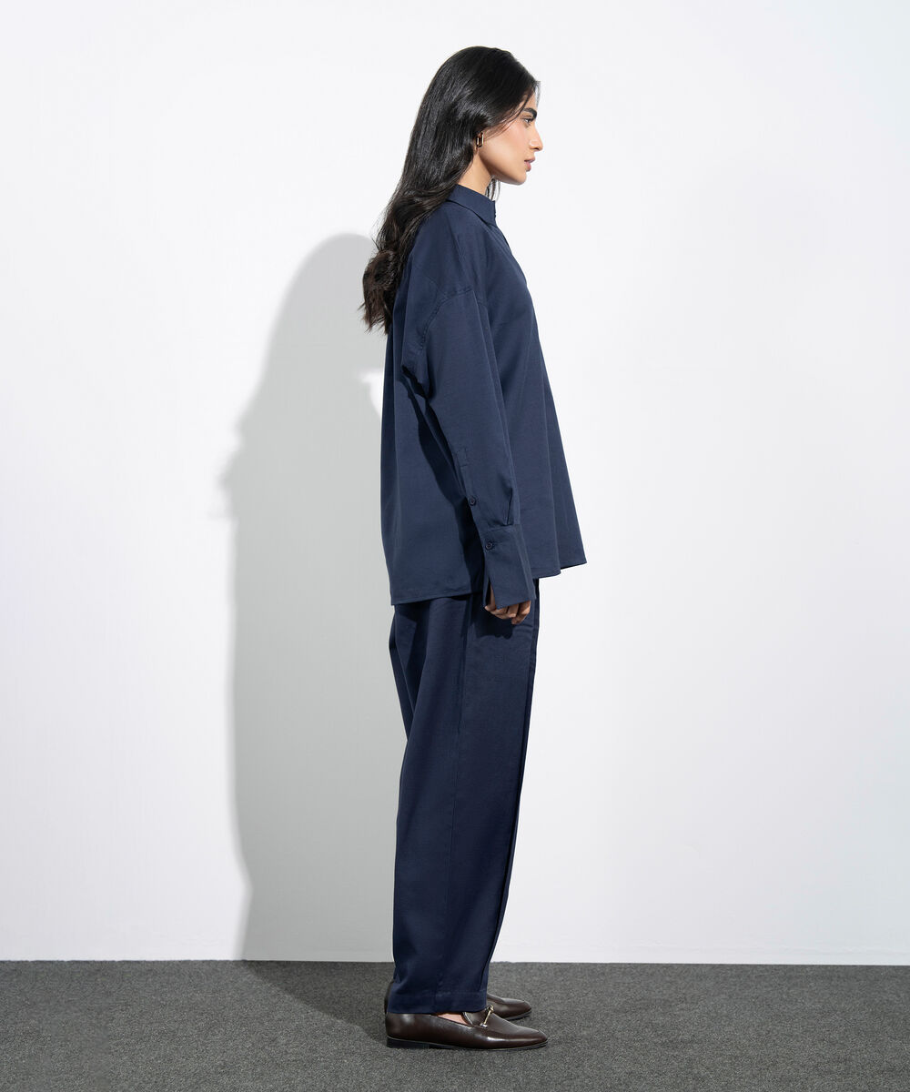 Women's Western Navy Loose-Fit Linen Blend Tunic