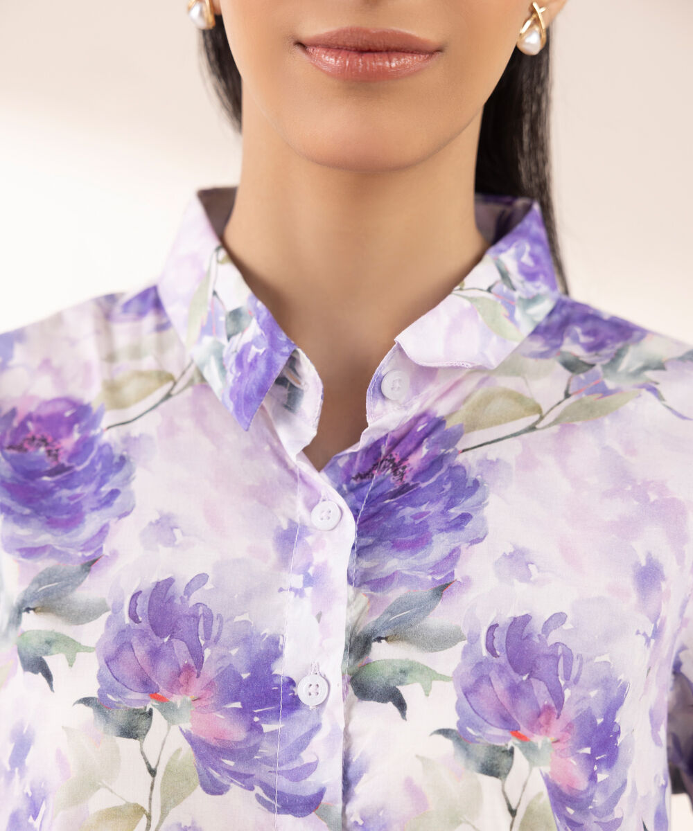 Women's RTW Lycra Purple Printed Button Down Shirt