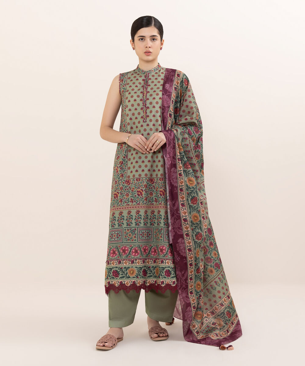 Women's Unstitched Cotton Printed Green 3 Piece Suit
