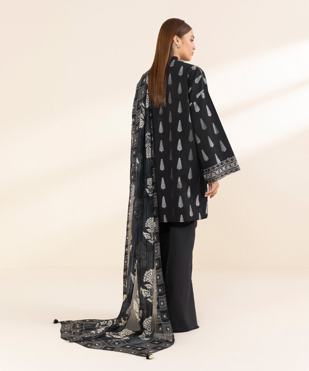 Women's Unstitched Black Extra Weft Jacquard, Jacquard 3 Piece Suit