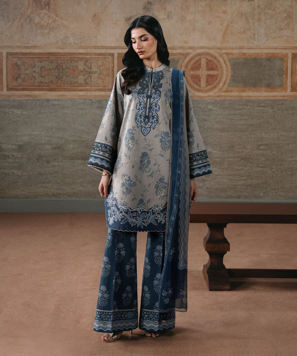 Women's Unstitched Lawn Embroidered Beige 3 Piece Suit