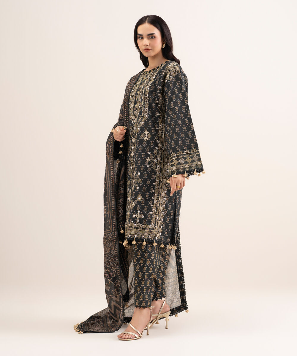Women's Unstitched Lawn Embroidered Black 3 Piece Suit