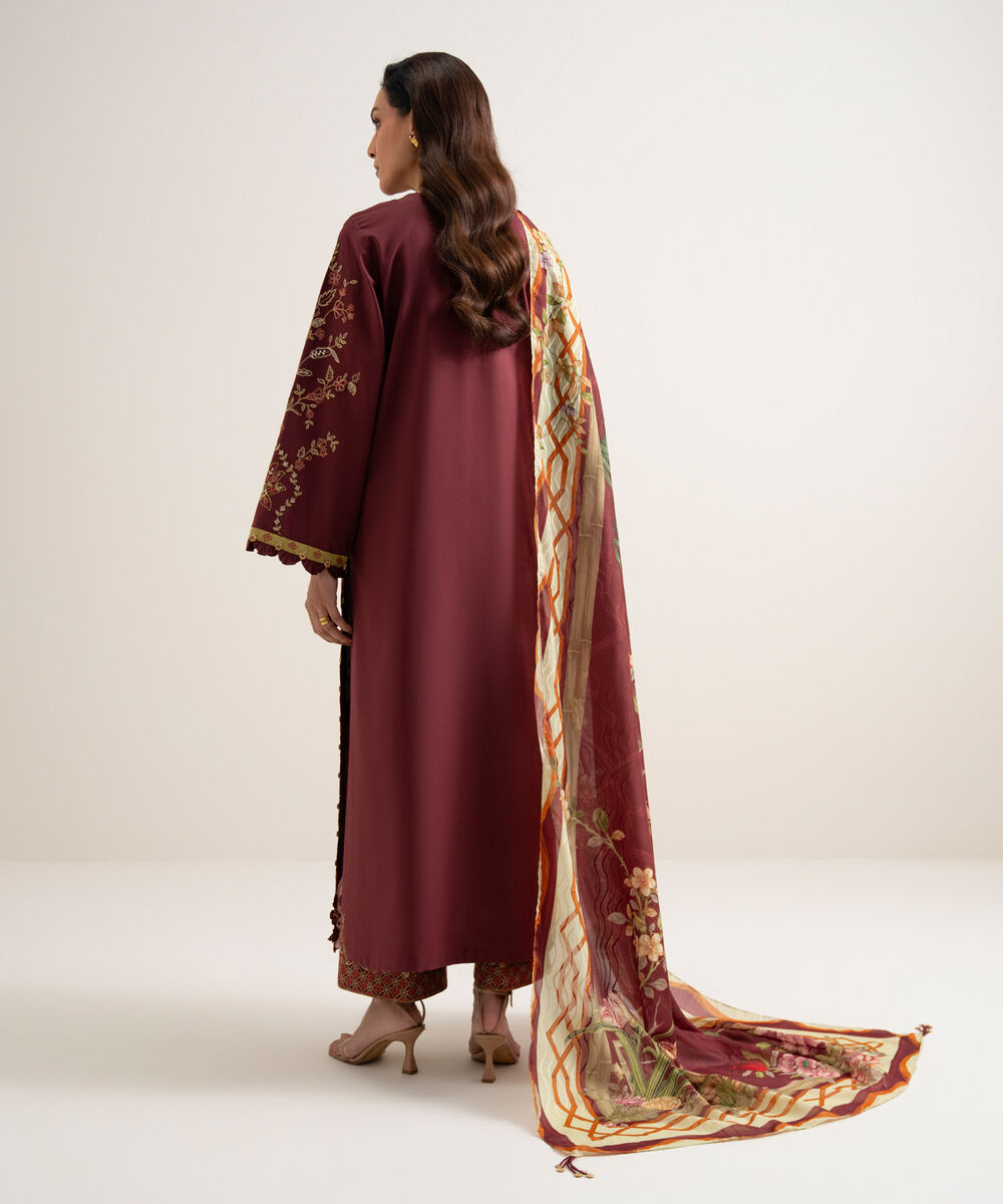 Women's Unstitched Lawn Embroidered Red 3 Piece Suit