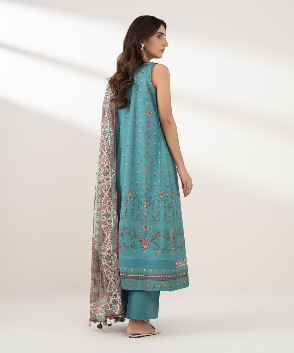 Women's Unstitched Lawn Printed Blue 3 Piece Suit