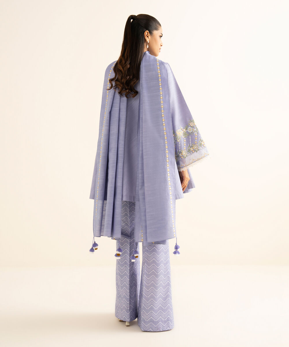 Women's Unstitched Textured Cotton Embroidered Blue 3 Piece Suit