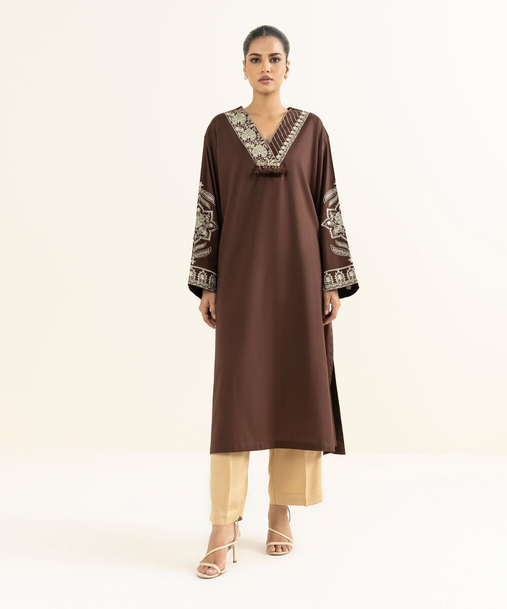 Women's RTW Linen Viscose Embroidered Brown Drop Shoulder Shirt