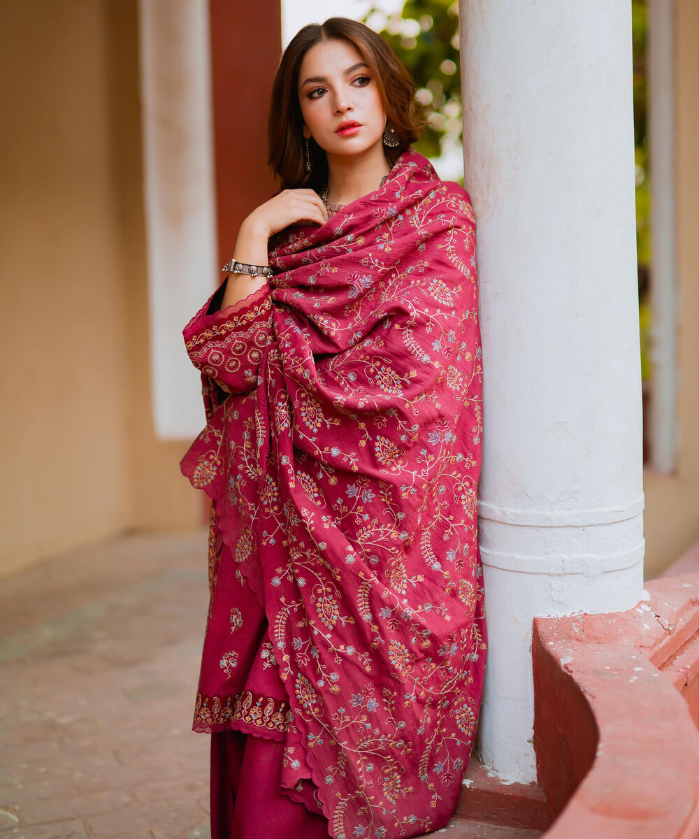 Women's Unstitched Viscose Karandi Embroidered Pink 3 Piece Suit