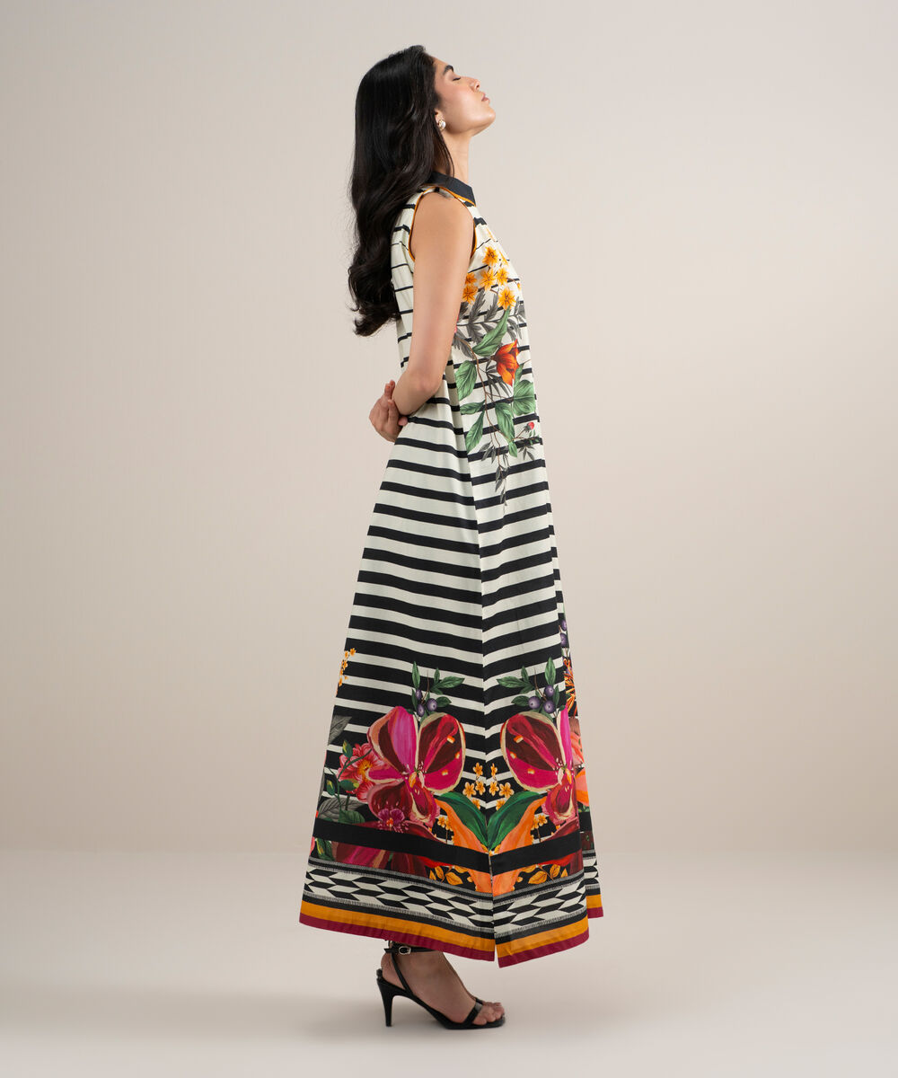 Women's Unstitched Lawn Printed White and  Black 2 Piece Suit