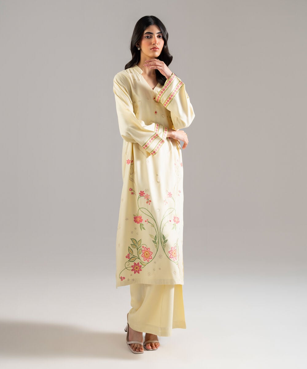Women's RTW Bedford Solid Embroidered Off White Straight Shirt