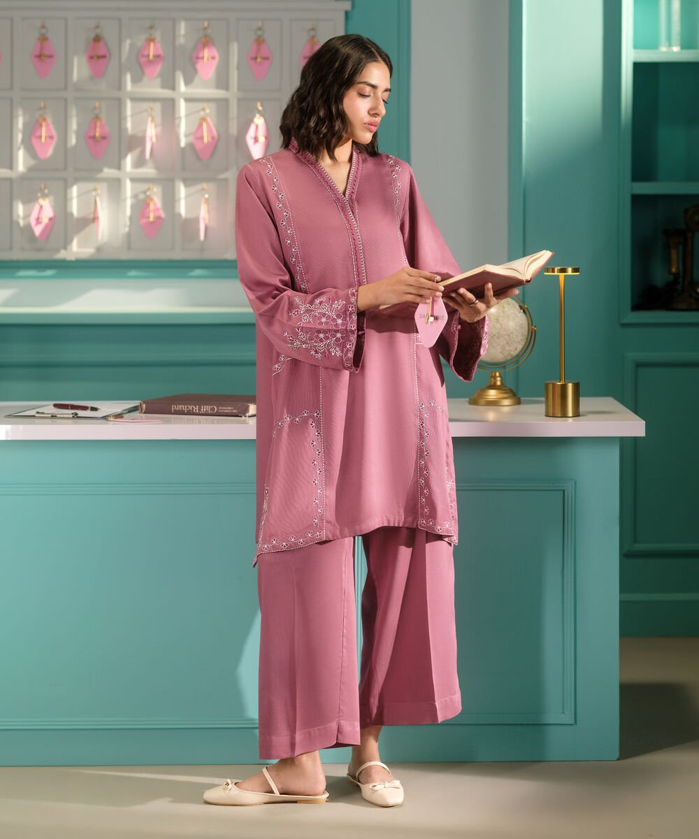 Embroidered Bedford Suit Women's RTW Bedford  Embroidered Pink Straight 2 Piece Suit
