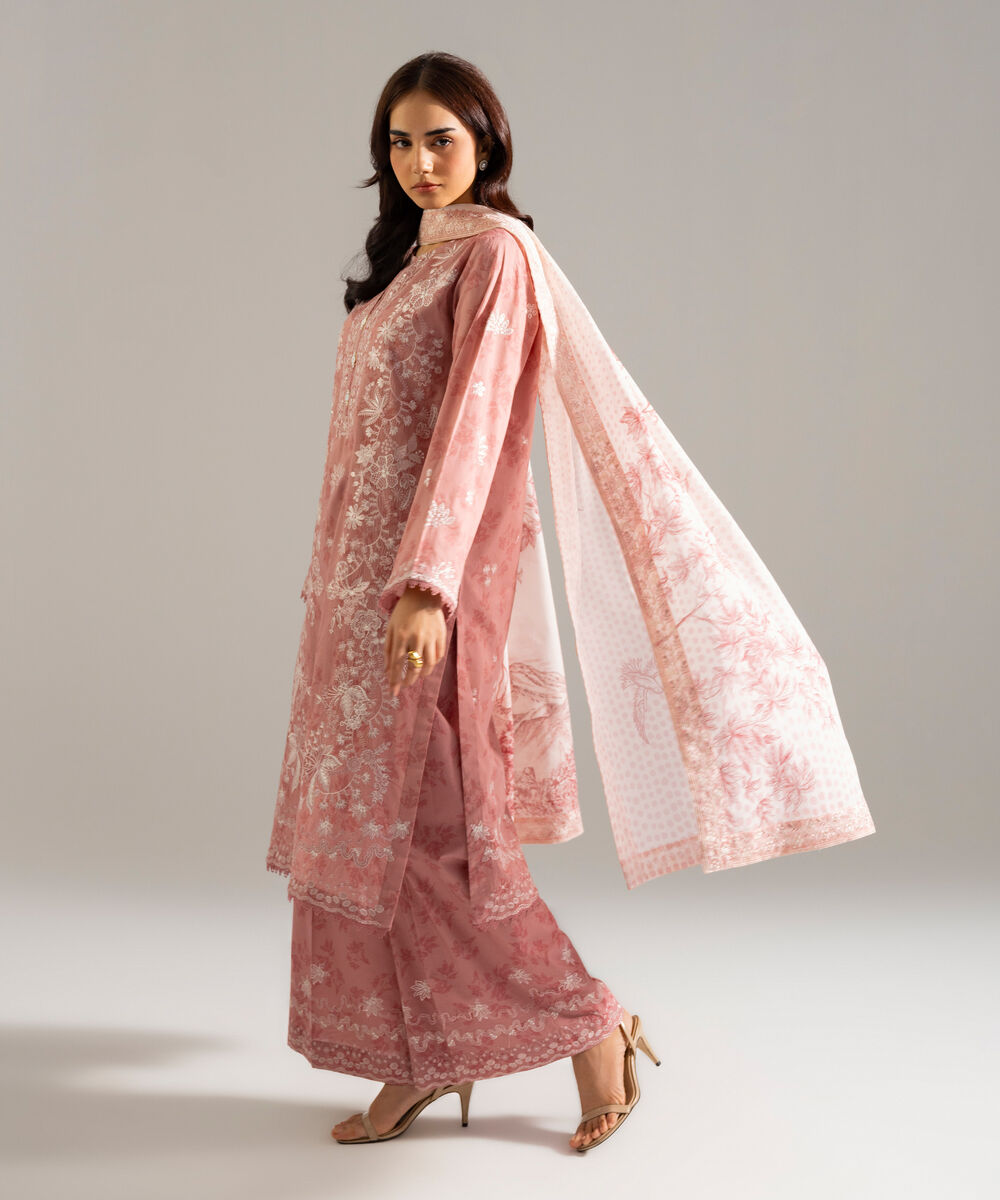 Women's RTW Lawn Embroidered Pink 3 Piece Suit