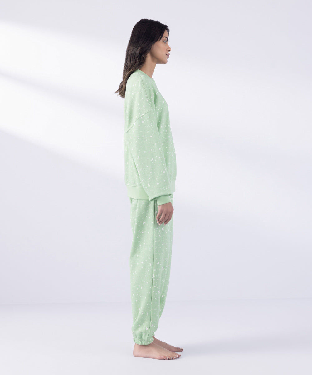 Woman - Green Oversized Printed Sweatshirt With Pajama Set