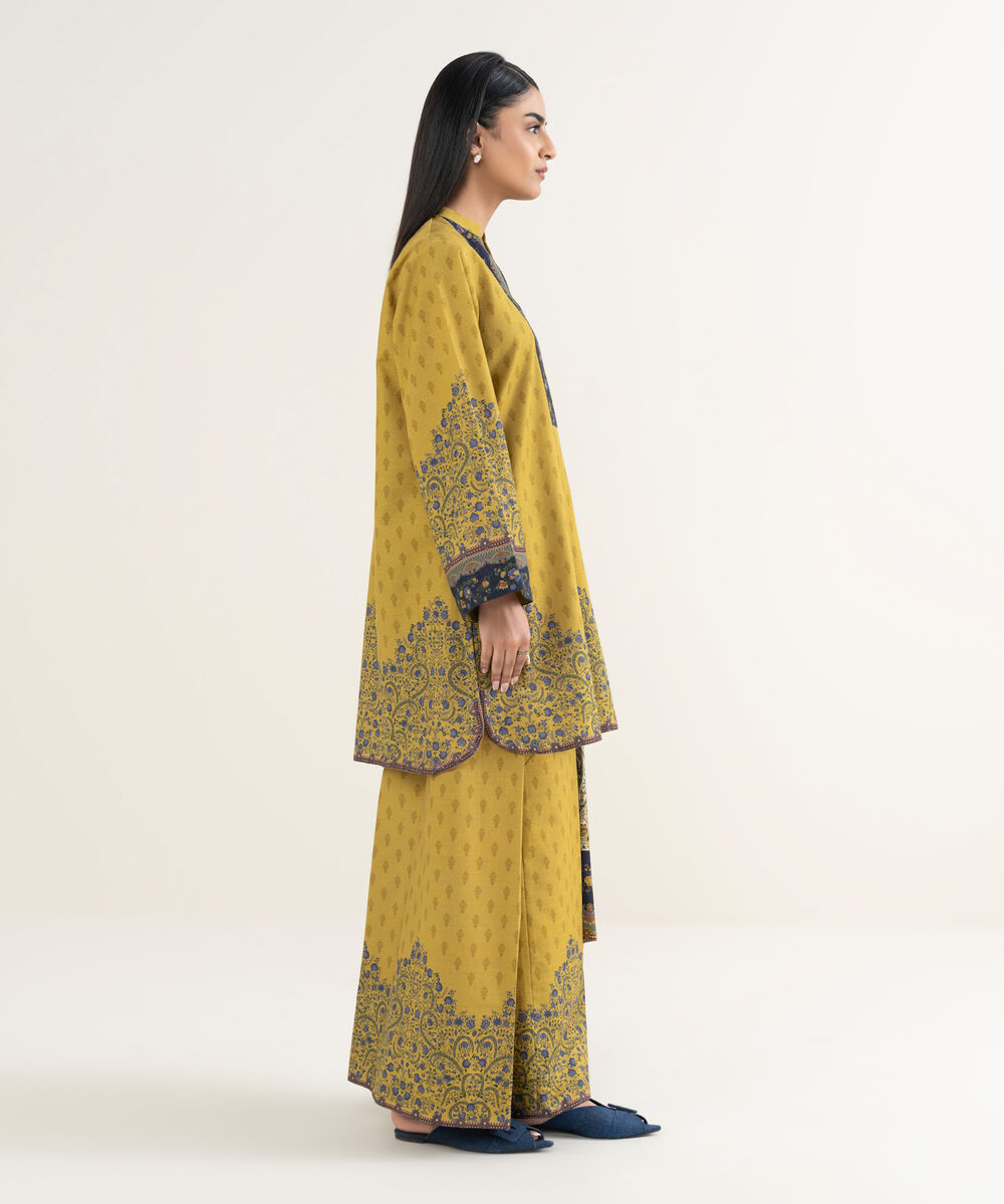 Women's Unstitched Printed Light Khaddar Mustard 3 Piece Suit