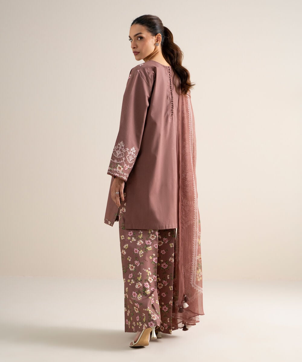 Women's Unstitched Slub Lawn Embroidered Brown 3 Piece Suit