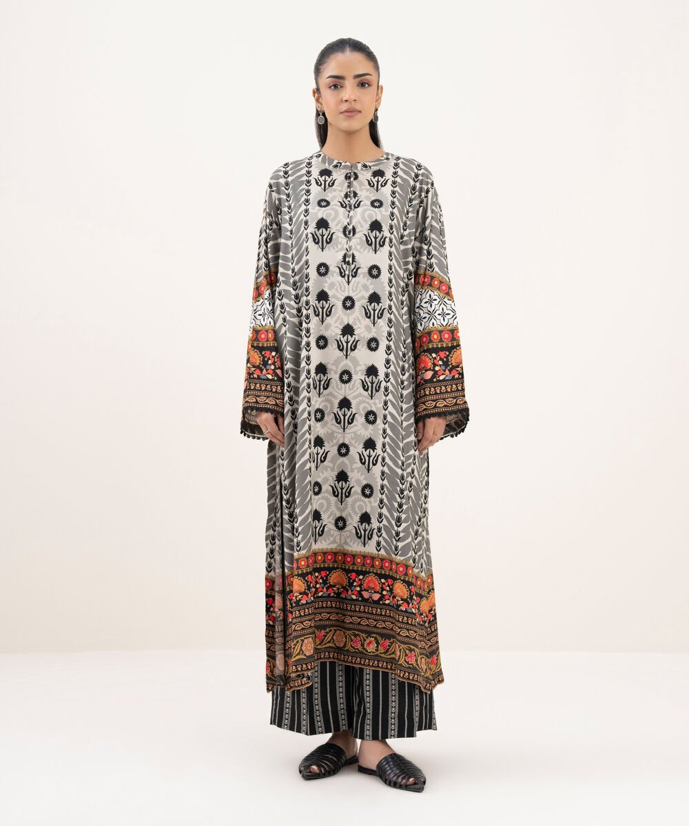 Women's RTW Viscose Linen Printed A-Line Grey Shirt