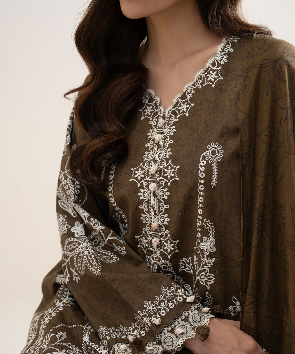 Women's Unstitched Lawn Embroidered Brown 3 Piece Suit