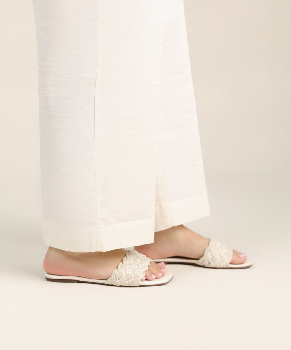 Women's Pret Khaddar Off White Solid Straight Pants