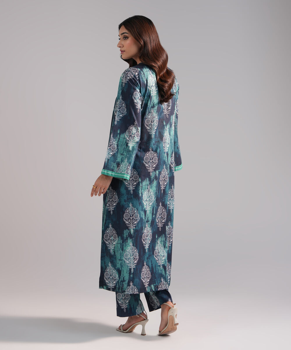 Women's RTW Slub Lawn Printed Dark Blue Straight Shirt