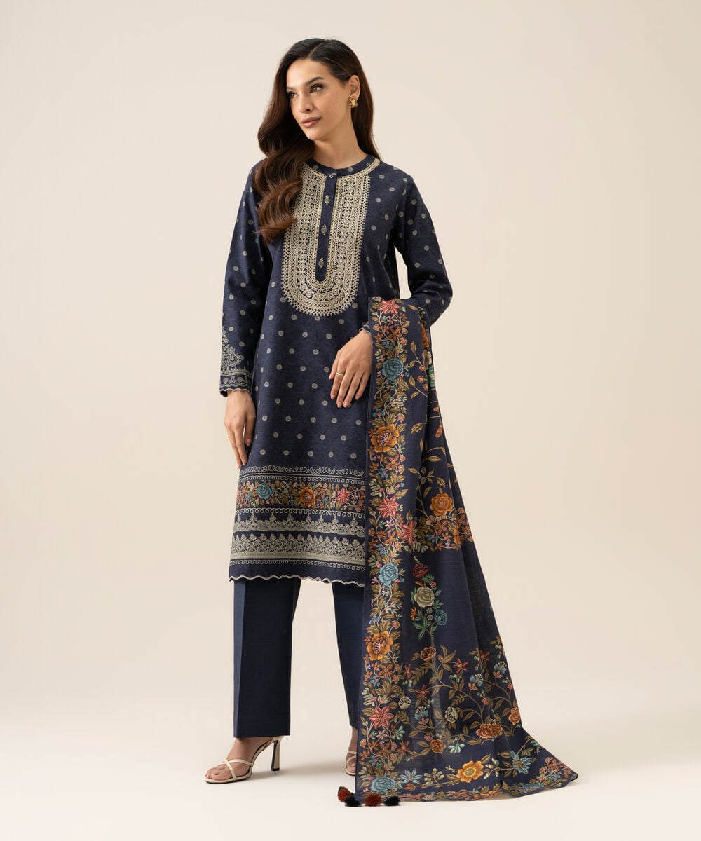 Women's Unstitched Light Khaddar Embroidered Blue 3 Piece Suit