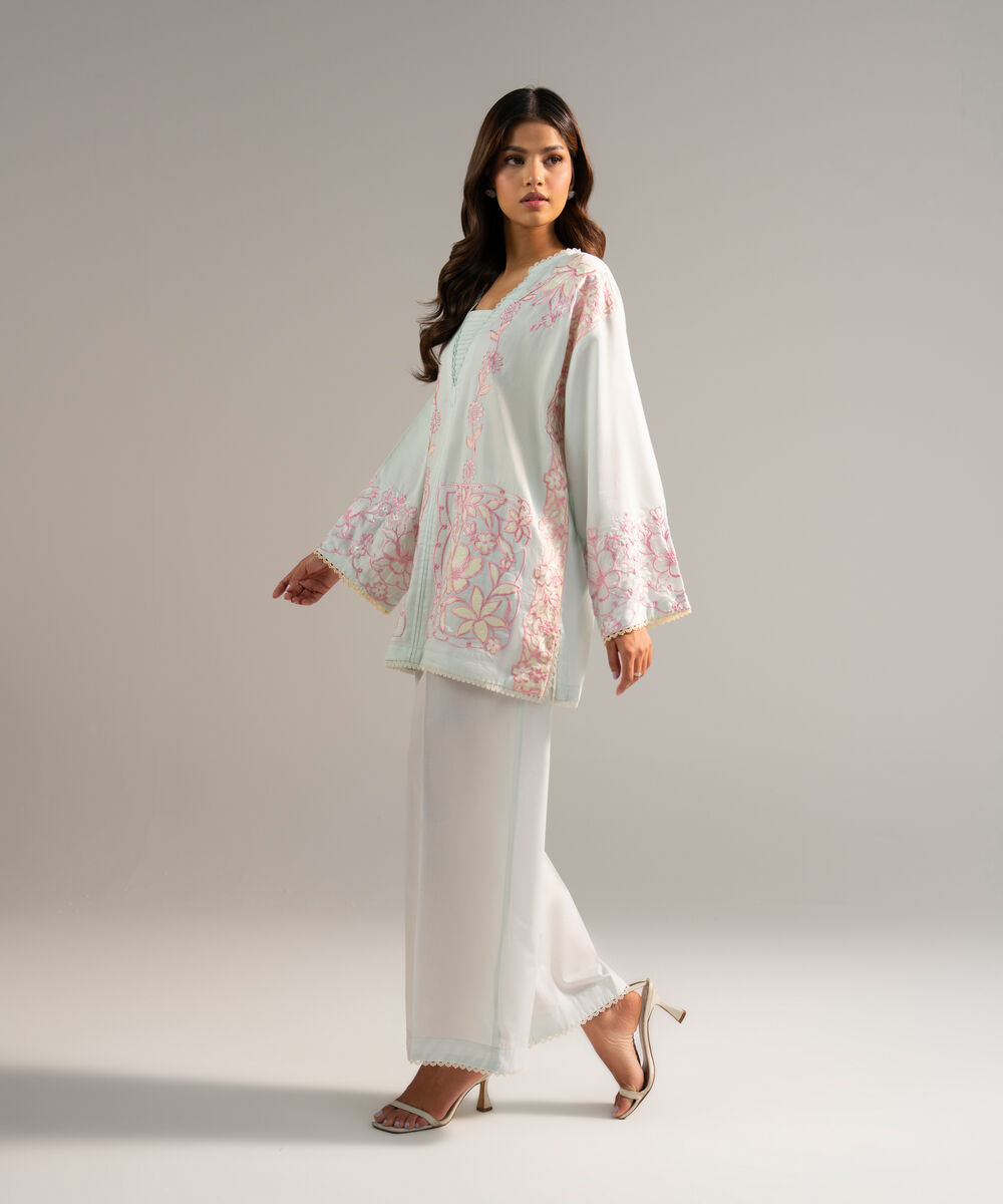 Women's RTW Cotton Satin Embroidered Blue 2 Piece Suit