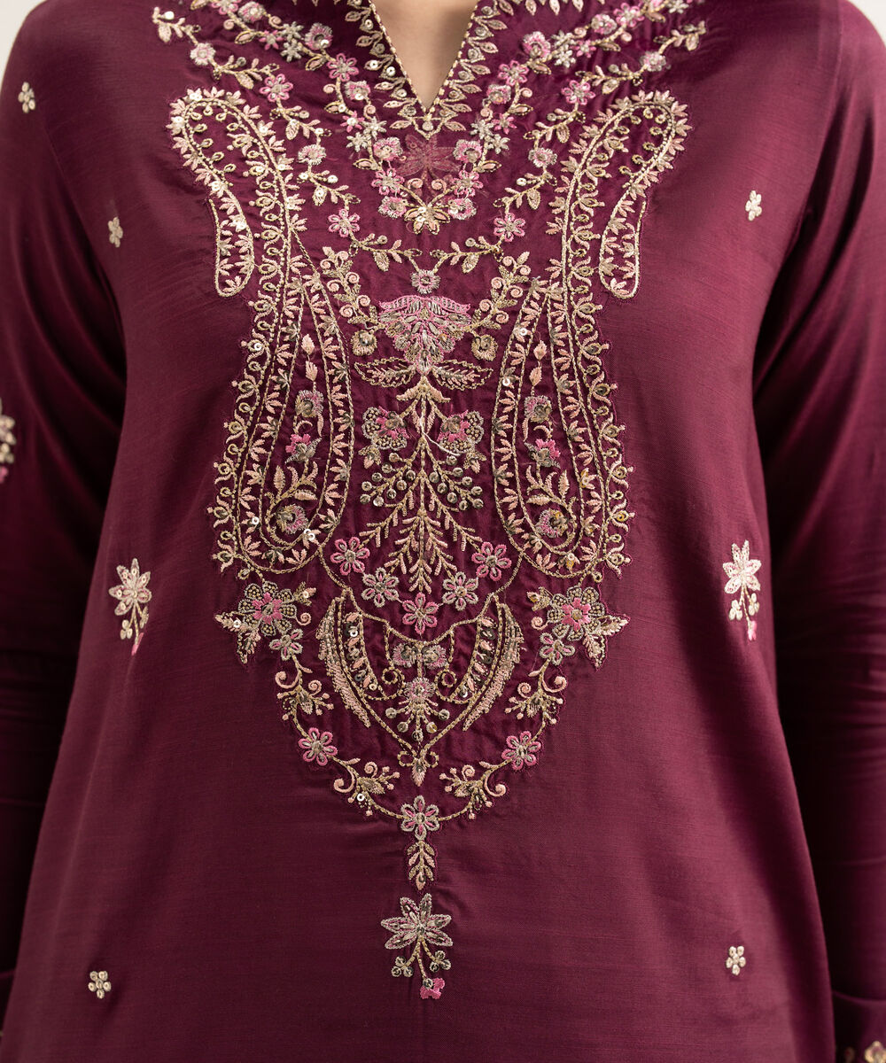 Women's Unstitched Viscose Raw Silk Embroidered Pink 3 Piece Suit