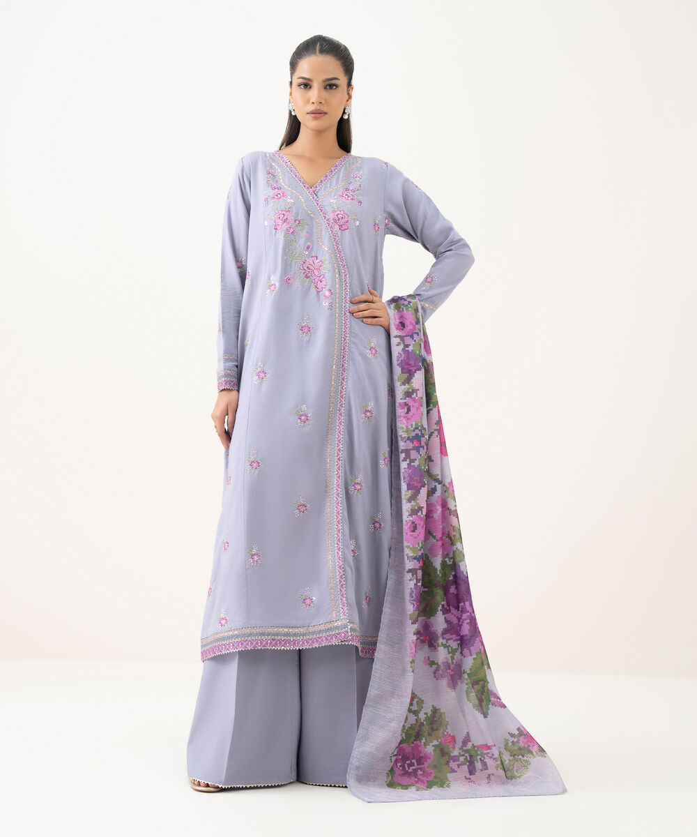 Women's RTW Cotton Viscose Purple Embroidered A-Line Shirt