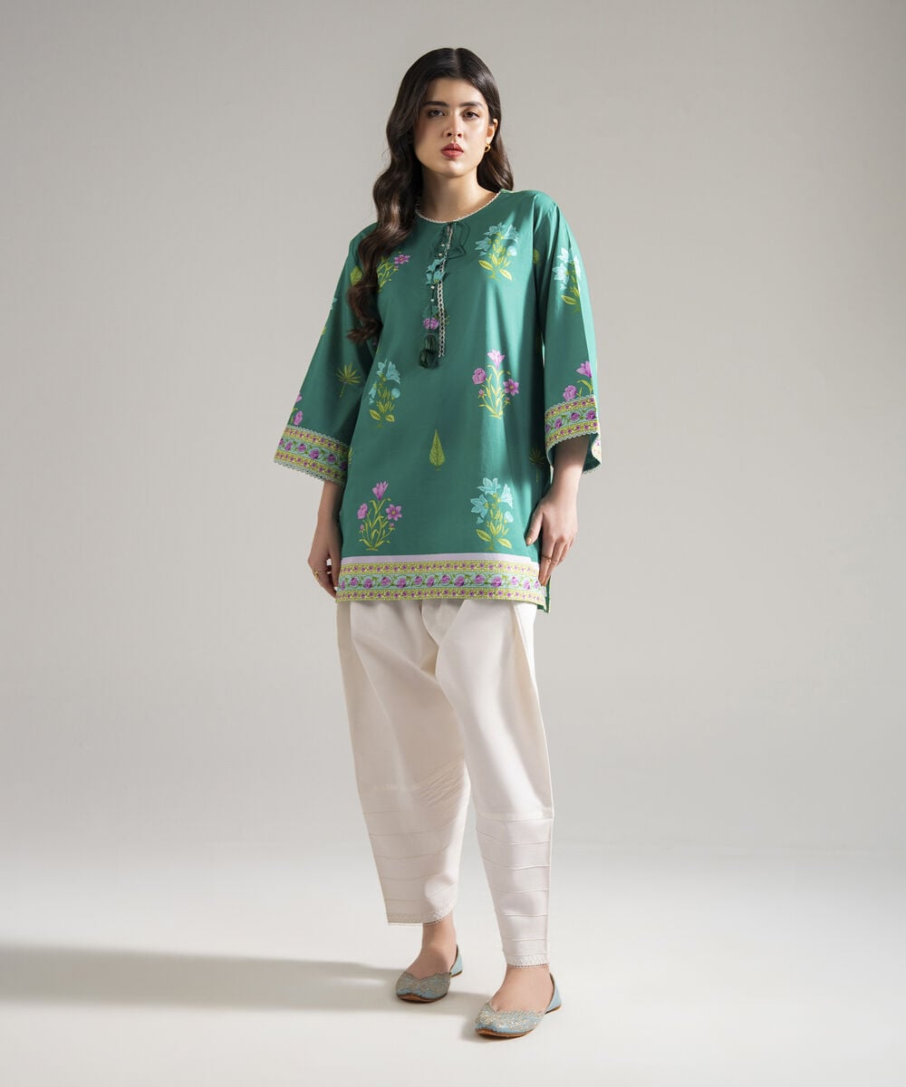 Women's RTW Slub Lawn Printed Green Drop Shoulder Shirt