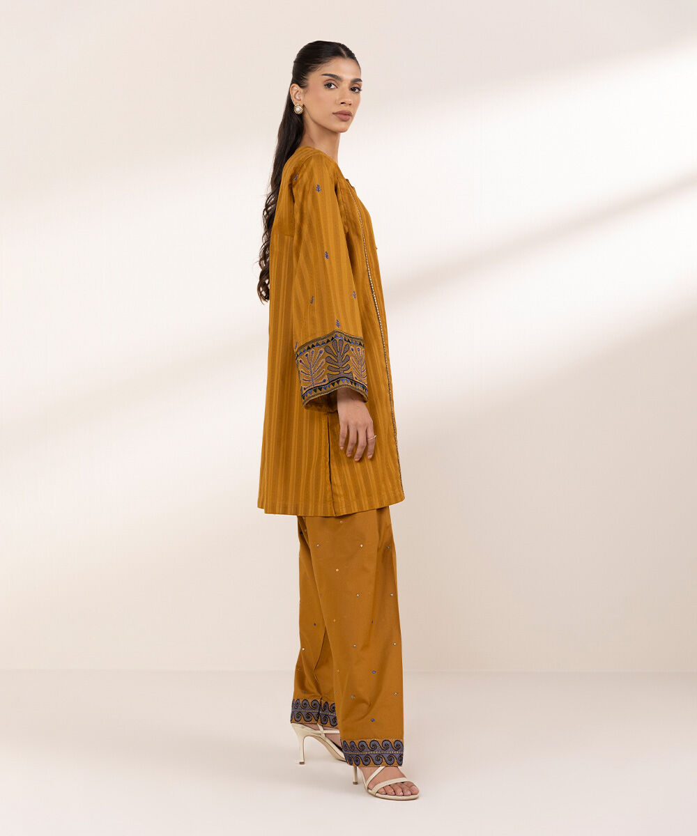 Women's RTW Textured Cotton Orange Embroidered Boxy Shirt