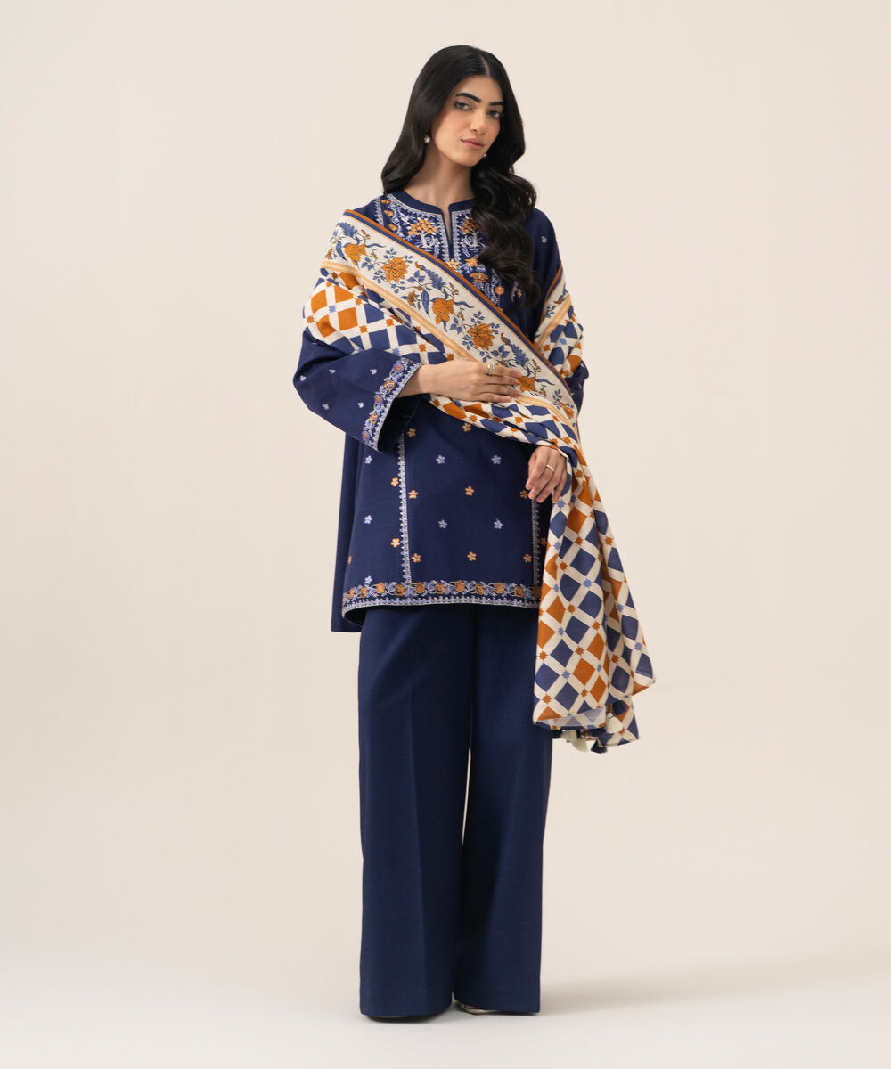 Women's Unstitched Cotton Embroidered Blue 3 Piece Suit