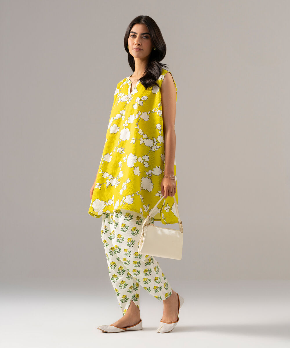 Women's RTW Seersucker Printed Lime Green Straight Shirt