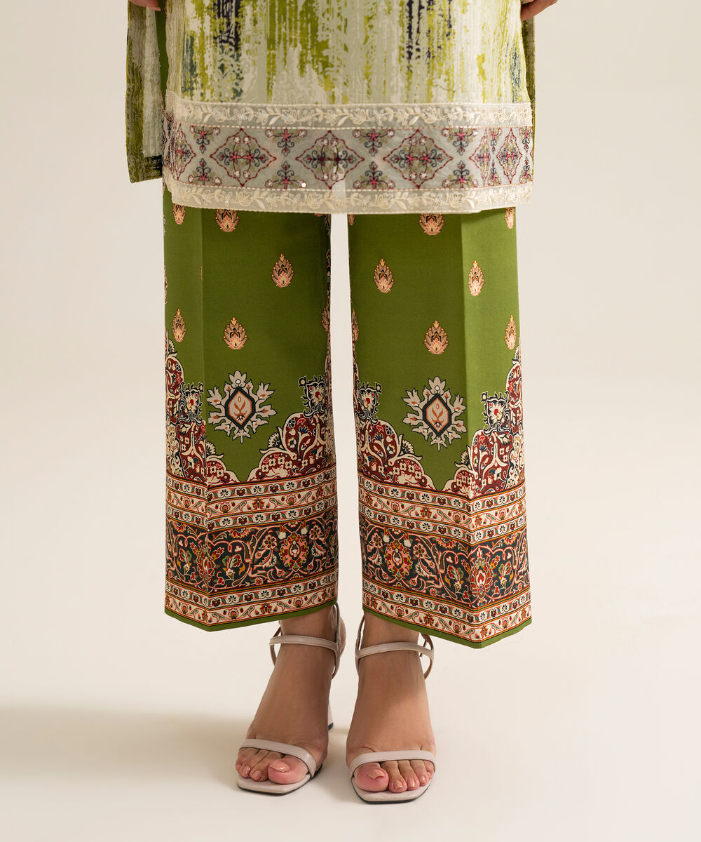 Women's Unstitched Blended Chiffon Printed Green & Off White 3 Piece Suit