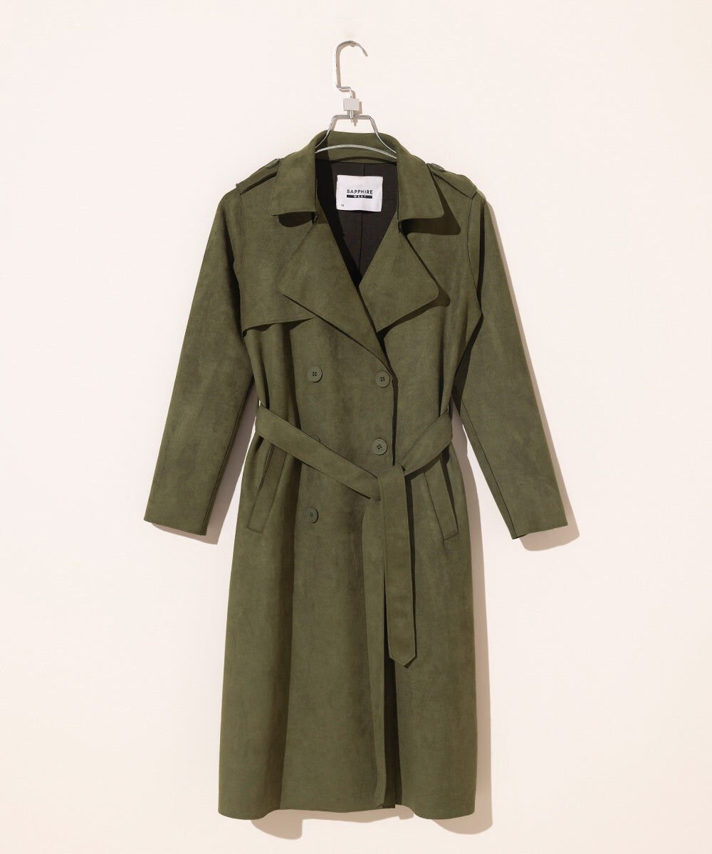 Suede Trench Coat with Belt Woman - Green Suede Trench Coat with Belt