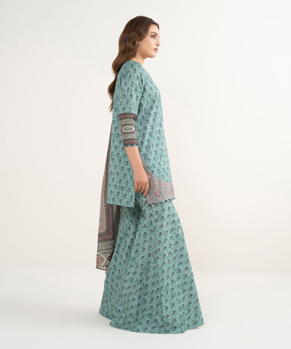 Women's Unstitched Lawn Embroidered Teal Green 3 Piece Suit