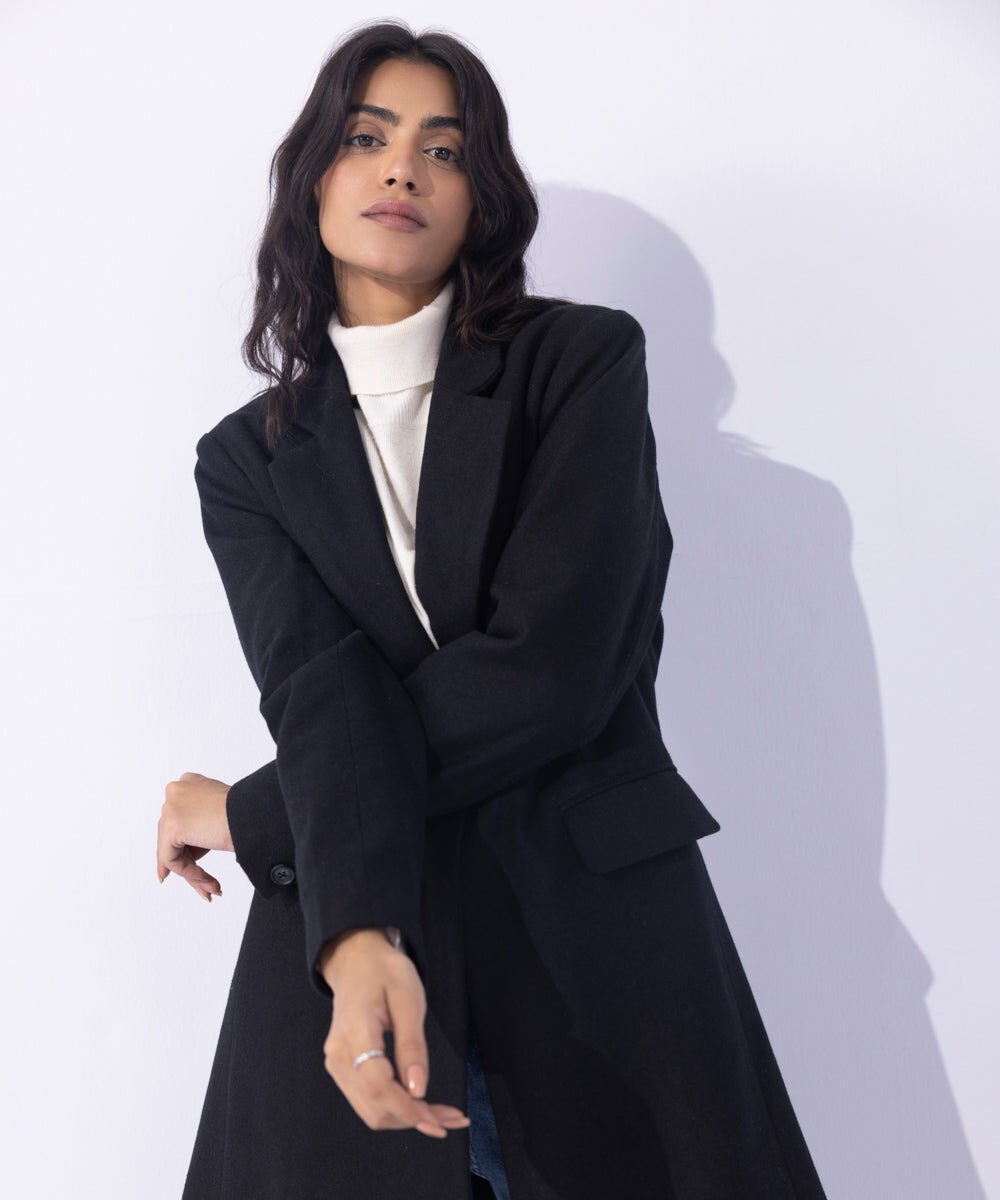 Woman - Black Single Button Coat