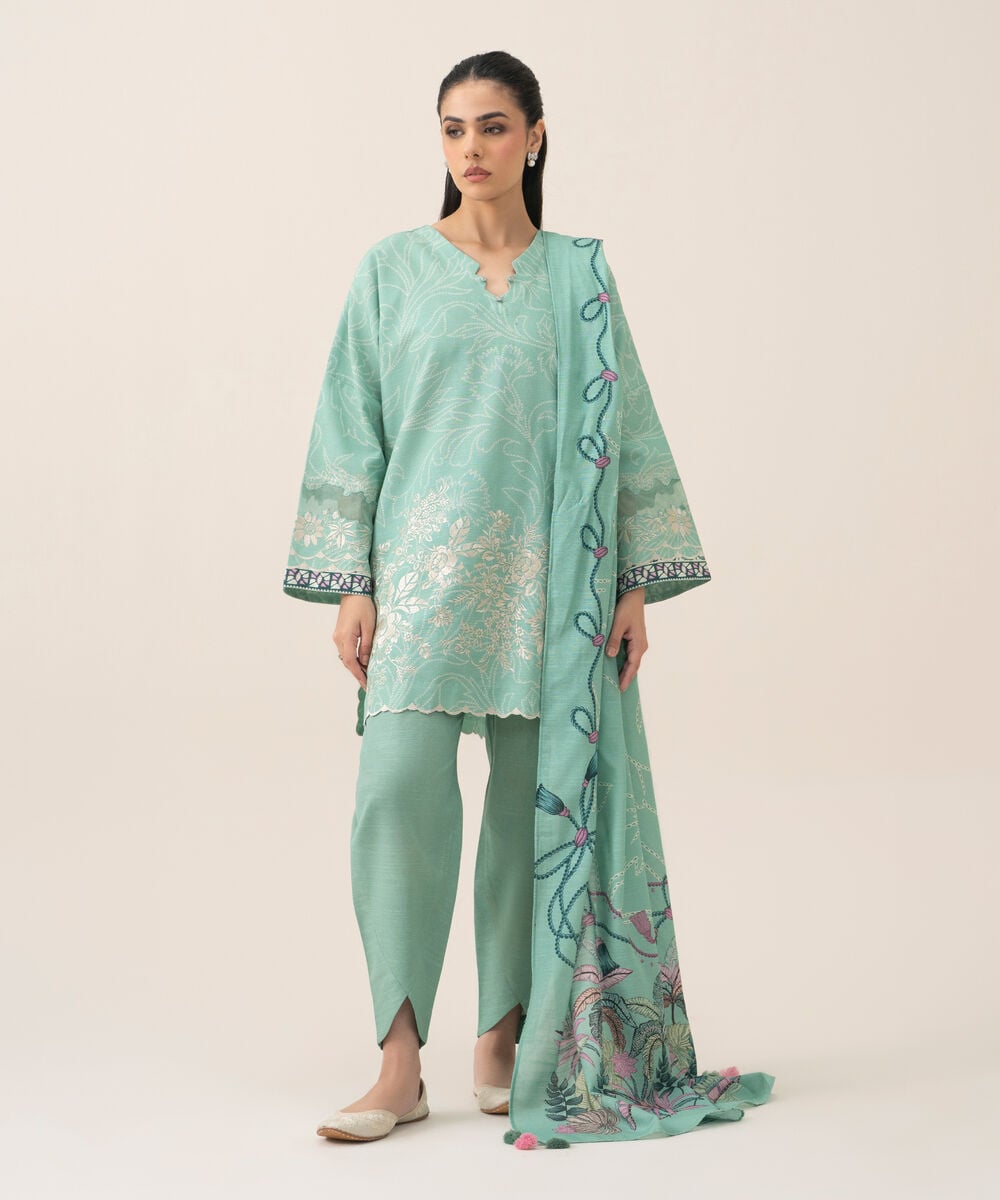 Women's Unstitched Lawn Embroidered Mint Green 3 Piece Suit