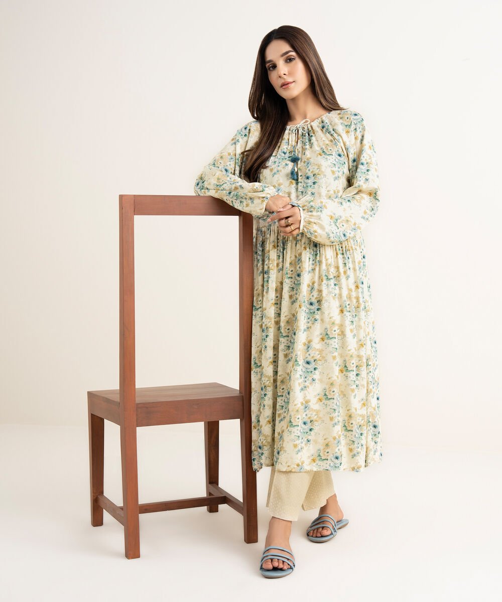 Women's RTW Arabic Lawn Beige Printed A-Line Shirt