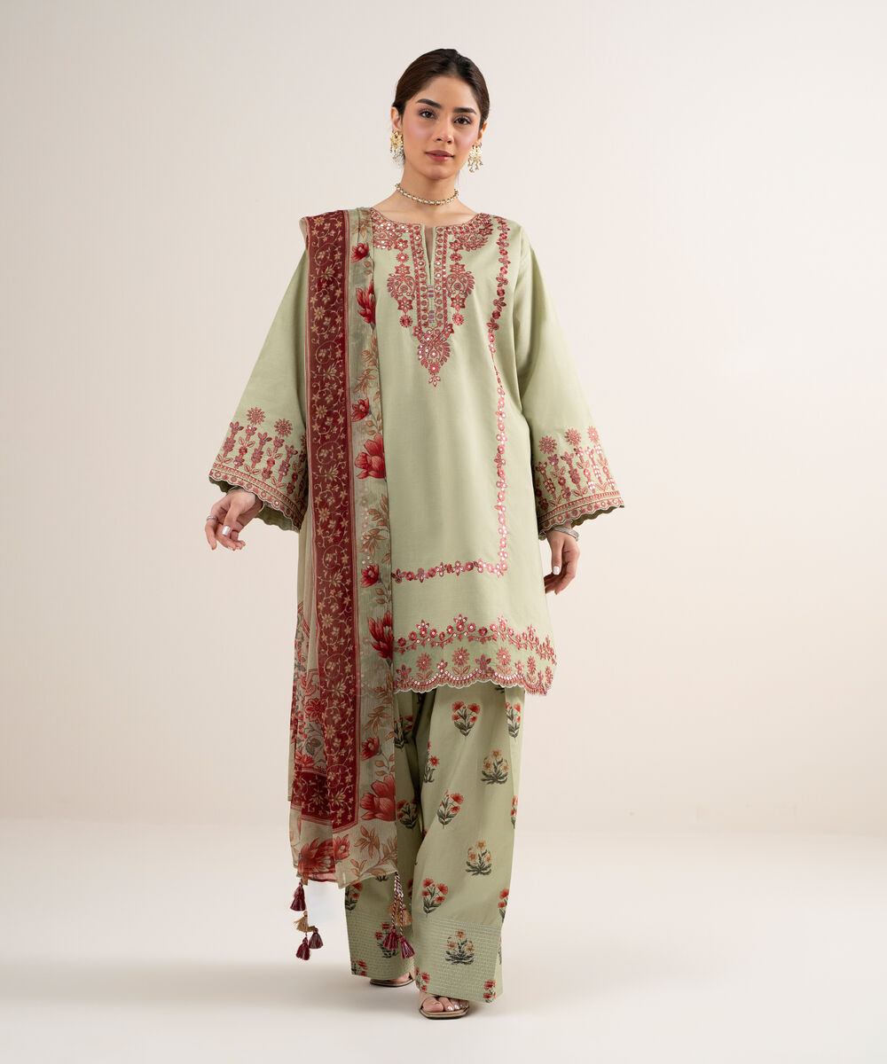 Women's Unstitched Textured Lawn Embroidered Green 3 Piece Suit