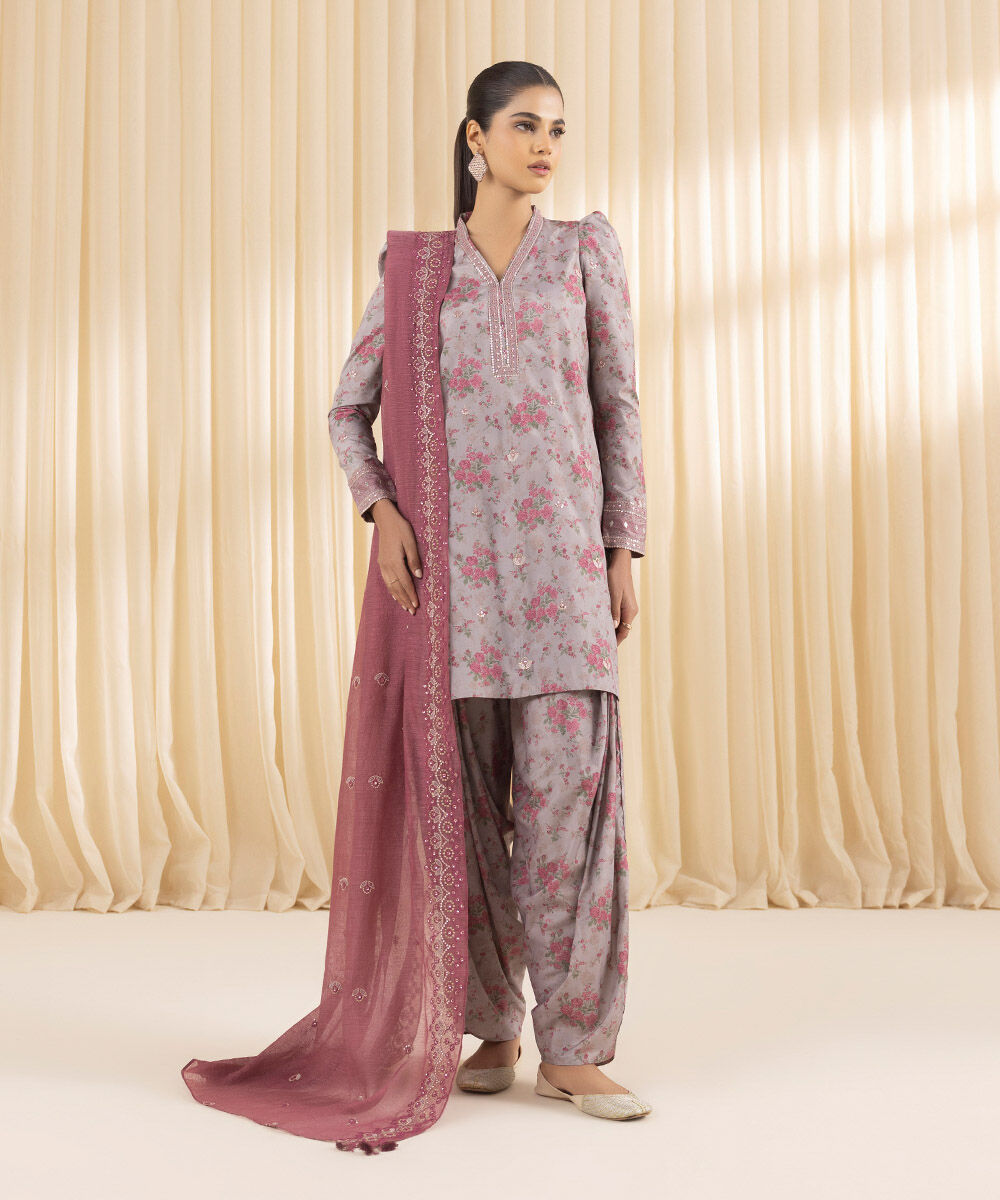 Unstitched Women's Embroidered Blended Grip Silk Grey Three Piece Suit