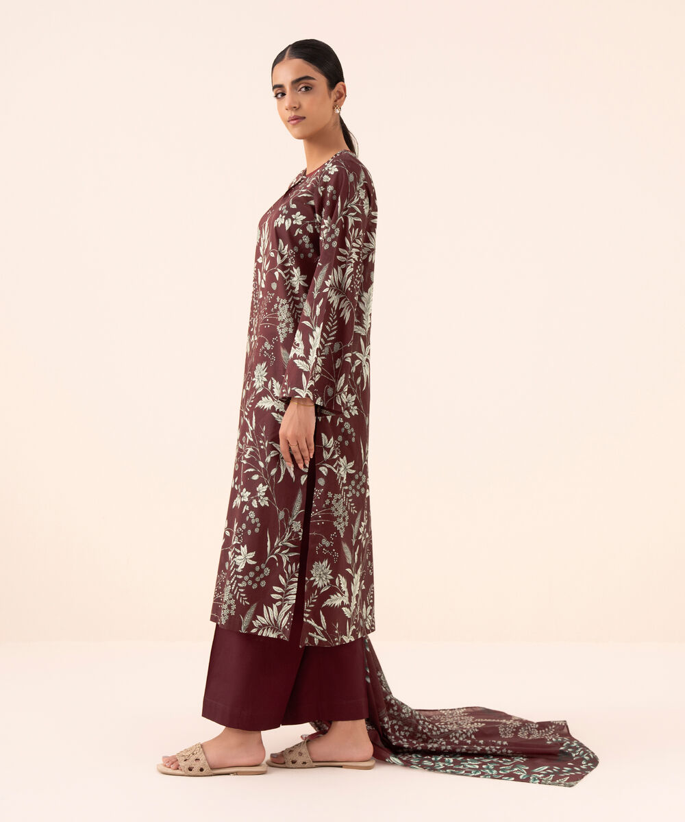 Women's Unstitched Cotton Printed Maroon Three Piece Suit