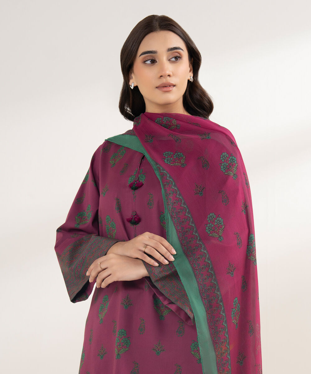 Women's Unstitched Lawn Printed Pink 3 Piece Suit