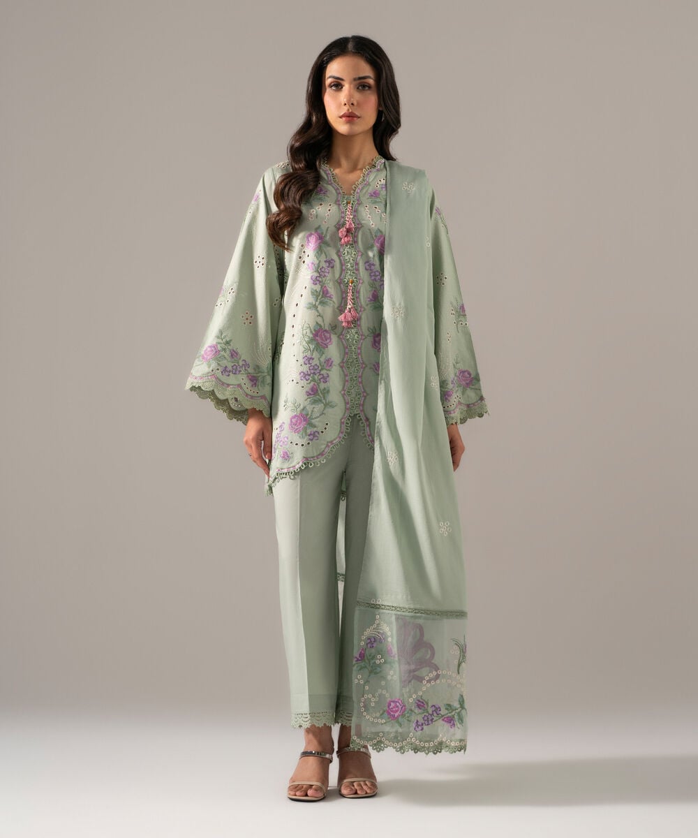 Women's RTW Dobby Solid Embroidered Green 3 Piece Suit