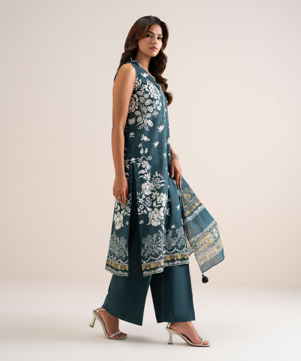 Women's Unstitched Printed Lawn Teal Green 3 Piece Suit