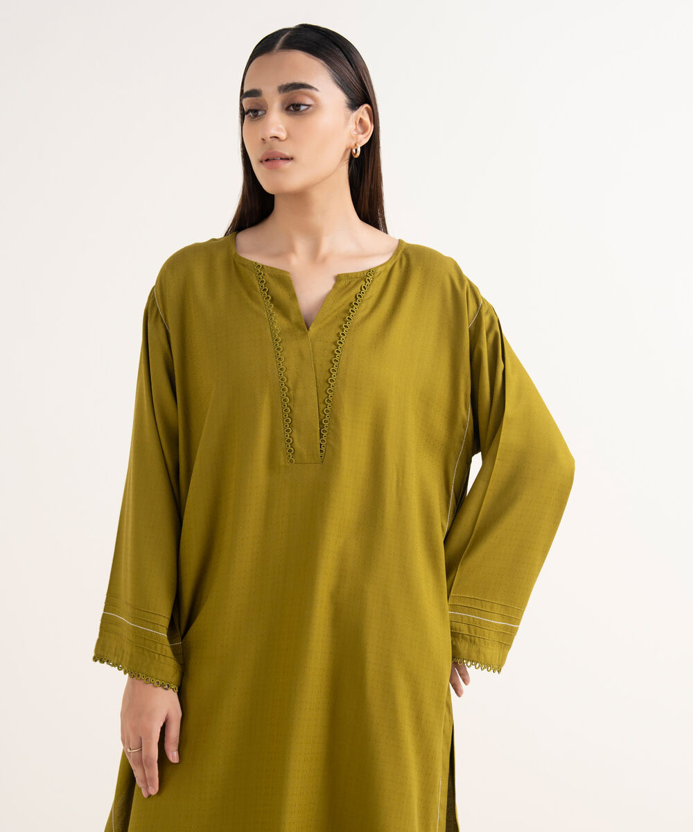 Women's RTW Textured Arabic Green Solid Drop Shoulder Shirt
