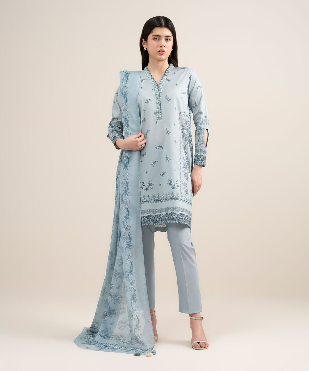 Women's Unstitched Lawn Printed Blue 3 Piece Suit