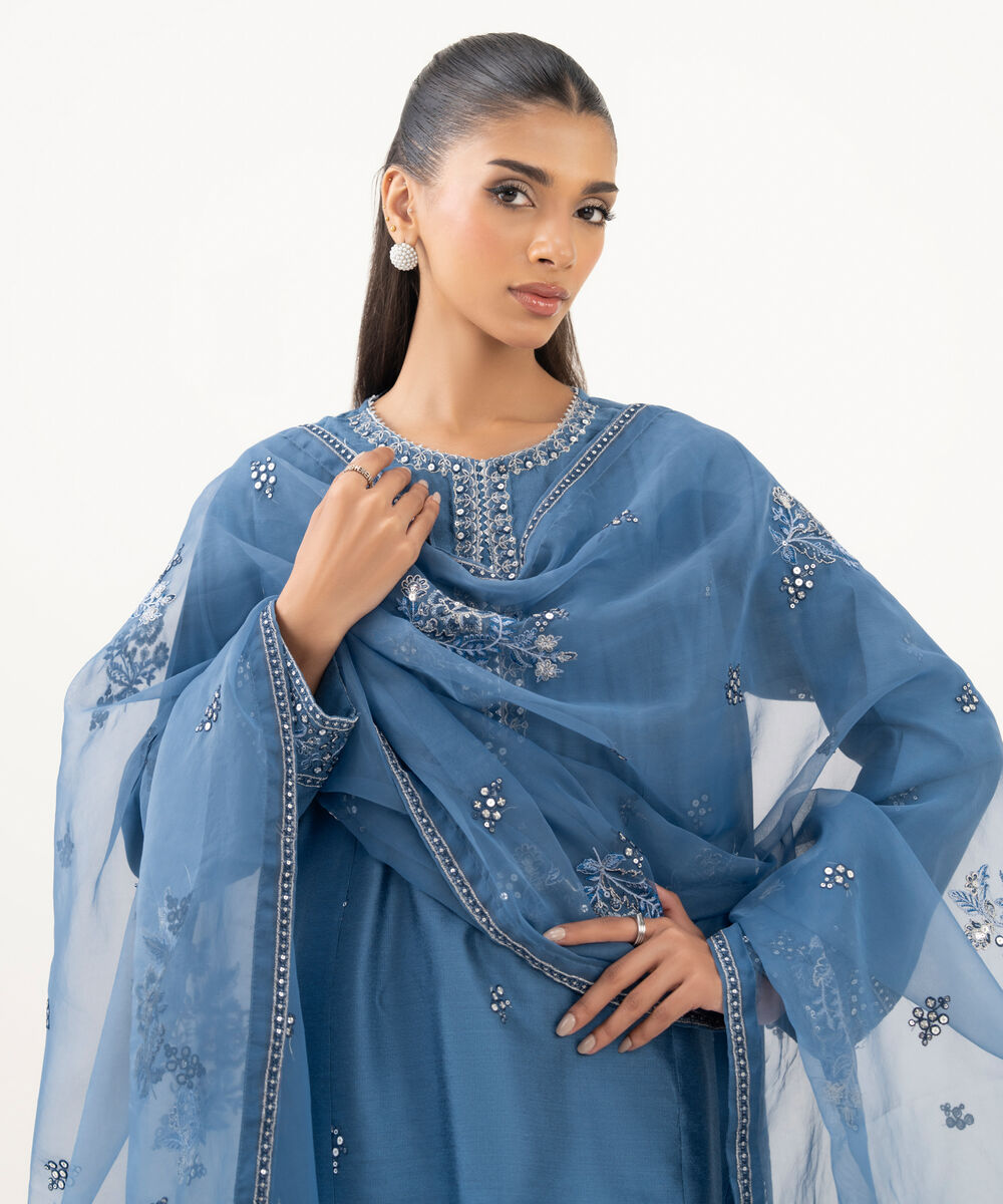 Women's RTW Blended Silk Cotton Net Embroidered Blue Three Piece Suit