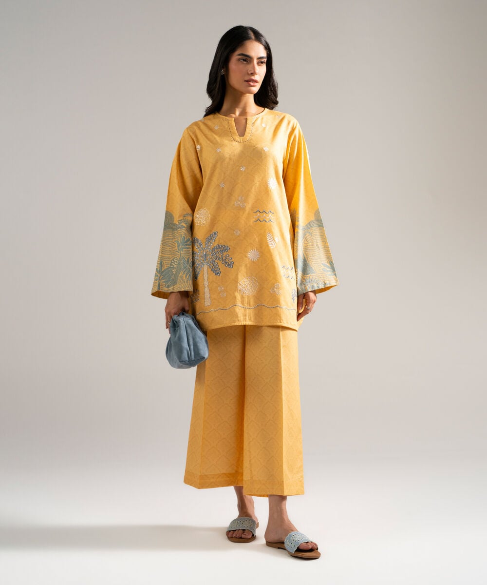 Women's RTW Dobby Embroidered Orange Straight Shirt